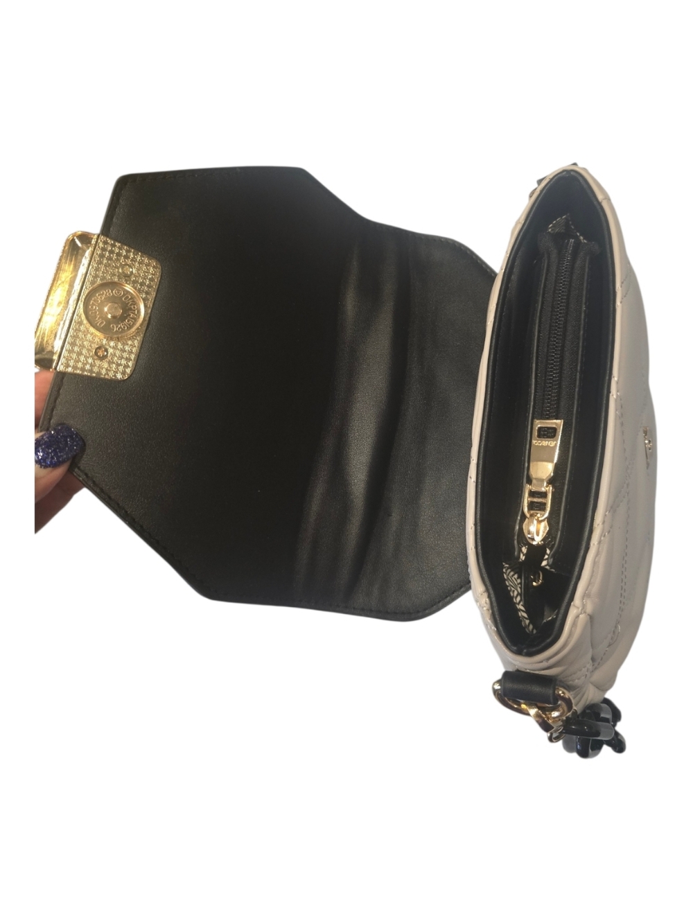 JEN & CO. Chic Two-Tone Quilted Crossbody Bag - Black & Cream 3 handel Options - Picture 12 of 12
